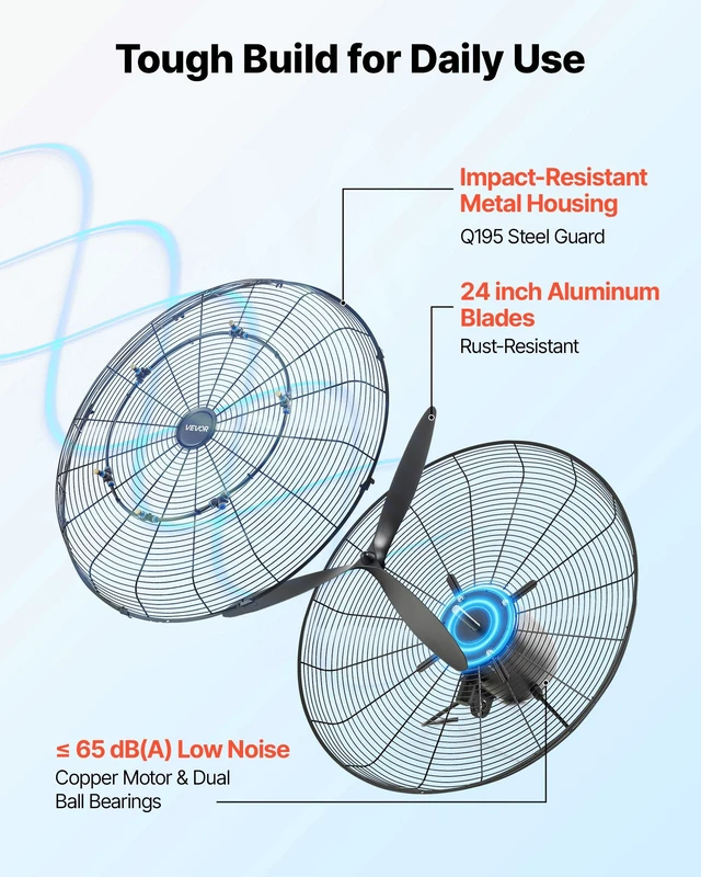 Alt view image 7 of 8 - VEVOR Wall Mount Fan, 24 in Wall Mounted Hanging Fan with Oscillating & Mist, IP44-rated, 3-Speed, Powerful Air Reach, Mechanical Control, Long Airflow for Industry, Commercial, Garage, Workshop