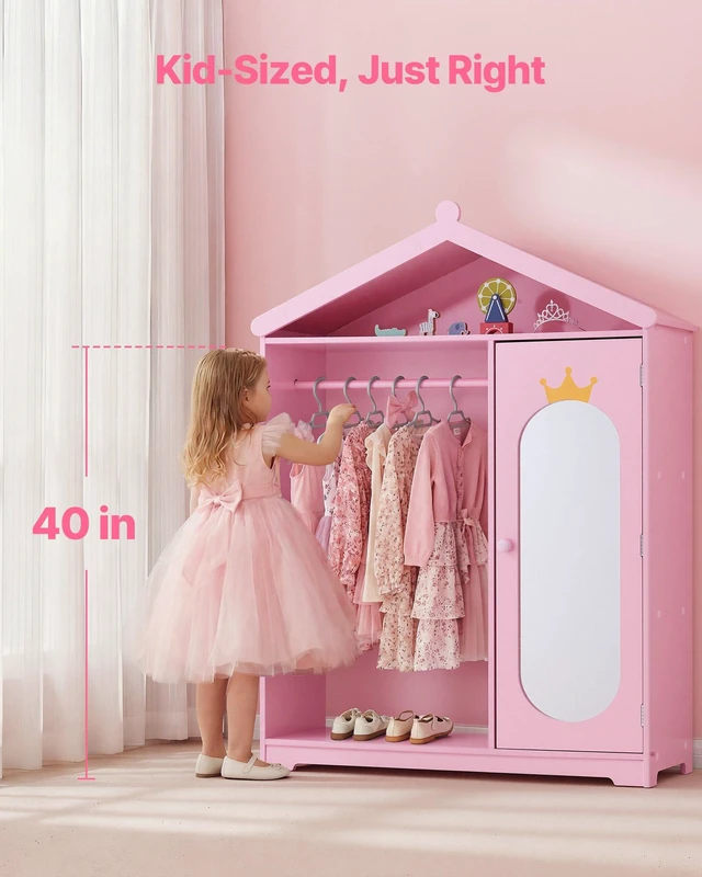 Alt view image 4 of 8 - VEVOR Kids Dress Up Storage, with Mirror, Dress Up Closet, Kids Armoire Wardrobe Closet for Little Girls, Toddler Costume Organizer, Pretend Princess Storage Dresser, for Bedroom, Girls Room, Pink