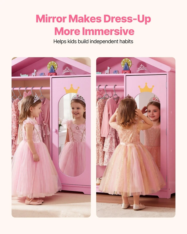 Alt view image 5 of 8 - VEVOR Kids Dress Up Storage, with Mirror, Dress Up Closet, Kids Armoire Wardrobe Closet for Little Girls, Toddler Costume Organizer, Pretend Princess Storage Dresser, for Bedroom, Girls Room, Pink