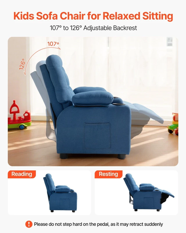 Alt view image 2 of 8 - VEVOR Kids Recliner Chair, Toddler Lounger with Cup Holders & Pockets, 107° to 126° Adjustable Back, Breathable Polyester Upholstery Reclining Sofa with Foot-rest, for Boys and Girls, Children (Blue)