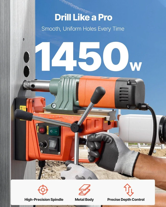 Alt view image 2 of 8 - VEVOR Magnetic Drill, 1450W Motor 2 in Coring Diameter, 2922 lbf Magnetic Force, Portable Electric Mag Drill Press with 6 Coring Bits, Variable Speed, Drilling Machine for Metal Surface, Industrial
