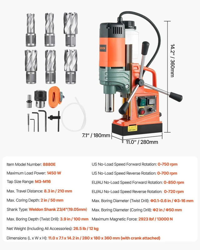 Alt view image 7 of 8 - VEVOR Magnetic Drill, 1450W Motor 2 in Coring Diameter, 2922 lbf Magnetic Force, Portable Electric Mag Drill Press with 6 Coring Bits, Variable Speed, Drilling Machine for Metal Surface, Industrial