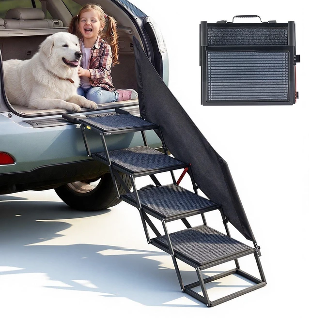 Main image of VEVOR Dog Stairs for Car, 4 Steps Extra Wide Foldable Dog Ramp for Large Dogs with Non-Slip Rug Surface, Portable Lightweight Pet Ladder for Car, SUV, Truck, High Beds, Sofas, Support up to 400 lbs