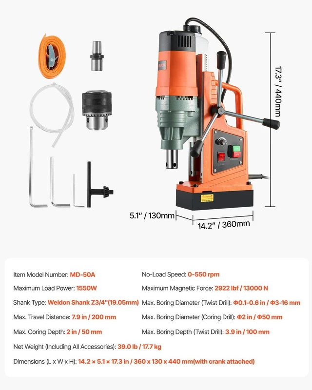 Alt view image 7 of 8 - VEVOR Magnetic Drill, 1550W Motor 2 in Coring Diameter, 2922 lbf Magnetic Force, 0-550 RPM Variable Speed, Portable Electric Mag Drill Press Drilling Machine for Metal Surface, Home Improvement