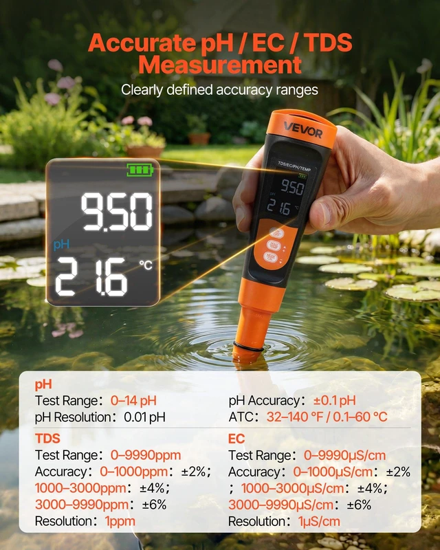 Alt view image 2 of 8 - VEVOR pH Meter, Accurate pH/EC (Conductivity)/TDS (ppm) Multi-Parameter Measurement, IP68 Waterproof Probe, Pocket Tester Kit with Calibration Powder Packets, VA Display, for Water Quality Testing