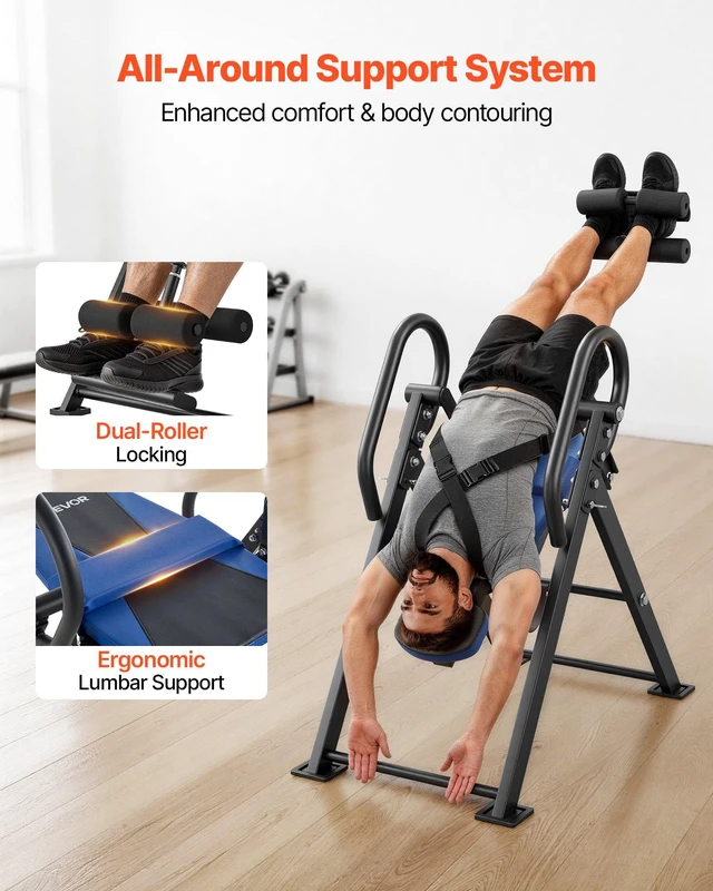 Alt view image 4 of 8 - VEVOR Inversion Table, 300 lbs Capacity Heavy Duty Back Inverter Stretcher, Inverted Table with Dual-Roller Locking, Decompression Tables for Shoulders, Neck, Back, Multi-Angle Adjustable Tether Strap