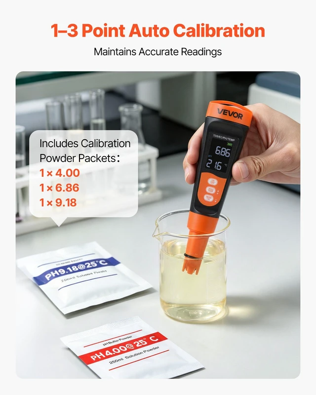 Alt view image 3 of 8 - VEVOR pH Meter, Accurate pH/EC (Conductivity)/TDS (ppm) Multi-Parameter Measurement, IP68 Waterproof Probe, Pocket Tester Kit with Calibration Powder Packets, VA Display, for Water Quality Testing
