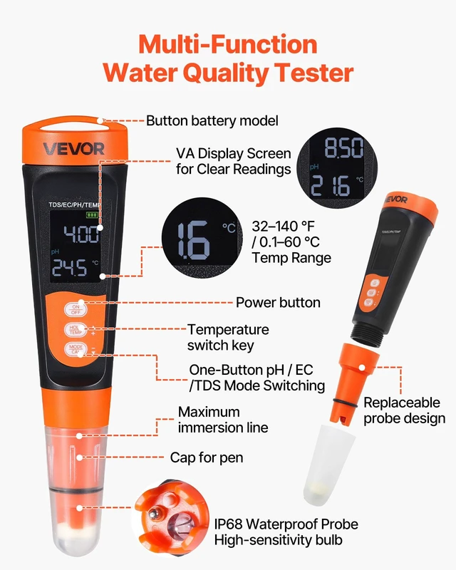 Alt view image 4 of 8 - VEVOR pH Meter, Accurate pH/EC (Conductivity)/TDS (ppm) Multi-Parameter Measurement, IP68 Waterproof Probe, Pocket Tester Kit with Calibration Powder Packets, VA Display, for Water Quality Testing