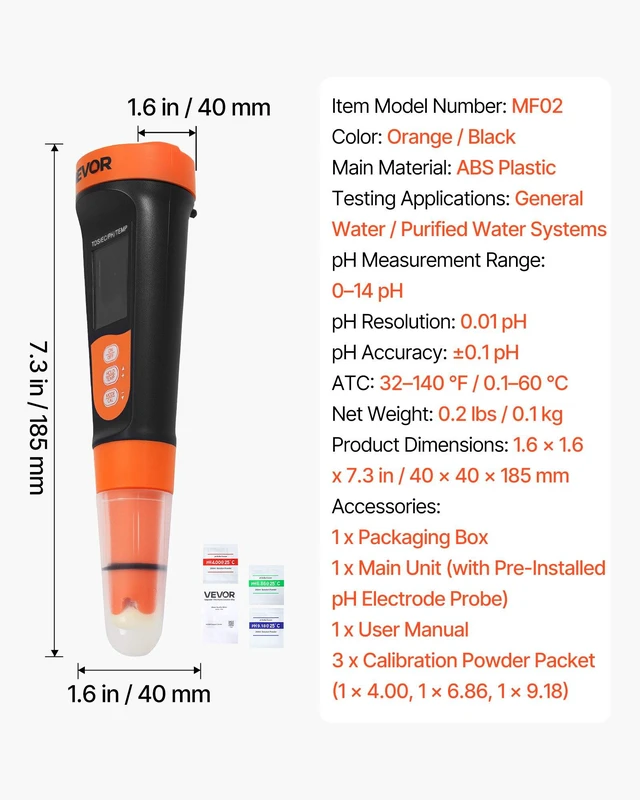 Alt view image 7 of 8 - VEVOR pH Meter, Accurate pH/EC (Conductivity)/TDS (ppm) Multi-Parameter Measurement, IP68 Waterproof Probe, Pocket Tester Kit with Calibration Powder Packets, VA Display, for Water Quality Testing