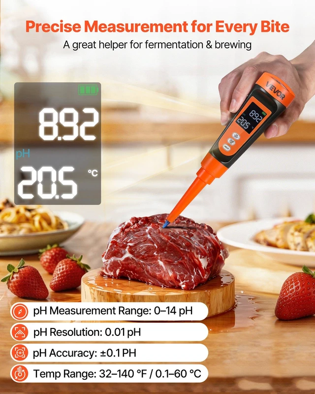 Alt view image 2 of 8 - VEVOR Food pH Meter, 0-14 pH Range, IP68 Waterproof Probe, Pocket Tester Kit with Automatic Temperature Compensation, Calibration Powder Packets, Easy to Read, for Food Fermentation, Dough, Meat