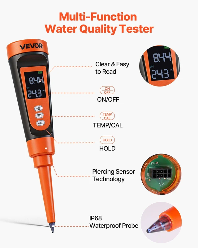 Alt view image 4 of 8 - VEVOR Food pH Meter, 0-14 pH Range, IP68 Waterproof Probe, Pocket Tester Kit with Automatic Temperature Compensation, Calibration Powder Packets, Easy to Read, for Food Fermentation, Dough, Meat