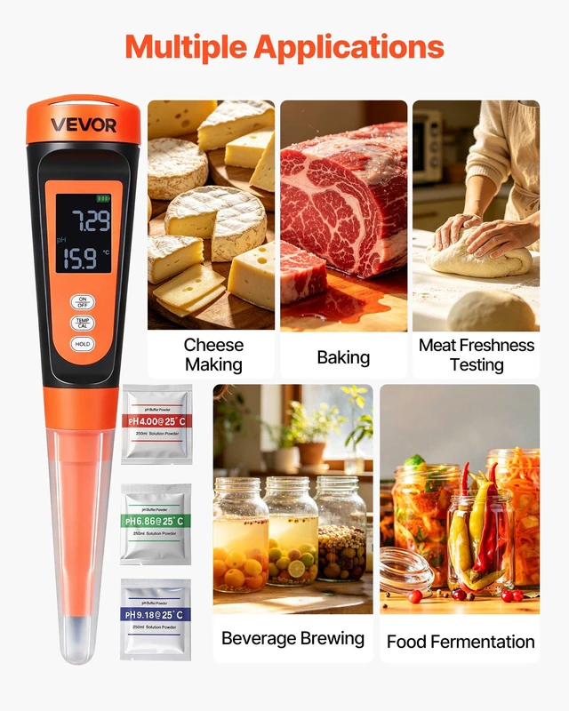 Alt view image 6 of 8 - VEVOR Food pH Meter, 0-14 pH Range, IP68 Waterproof Probe, Pocket Tester Kit with Automatic Temperature Compensation, Calibration Powder Packets, Easy to Read, for Food Fermentation, Dough, Meat