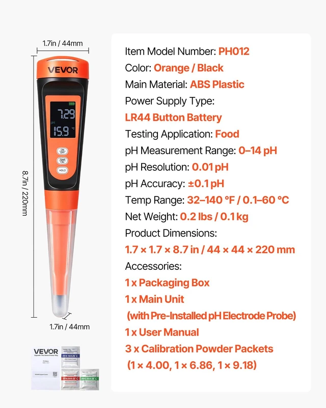 Alt view image 7 of 8 - VEVOR Food pH Meter, 0-14 pH Range, IP68 Waterproof Probe, Pocket Tester Kit with Automatic Temperature Compensation, Calibration Powder Packets, Easy to Read, for Food Fermentation, Dough, Meat
