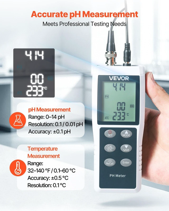 Alt view image 2 of 8 - VEVOR pH Meter, 0-14 pH Range, IP68 Waterproof Probe, 3-Point Auto Calibration, Portable Tester Kit with Calibration Powder Packets, Temperature Probe, Carrying Case, for Drinking Water, Hydroponics