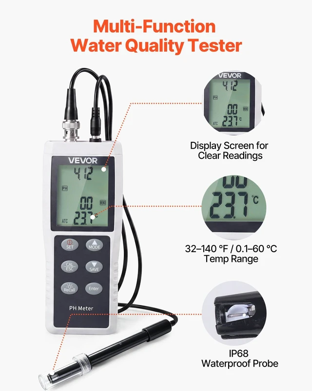 Alt view image 4 of 8 - VEVOR pH Meter, 0-14 pH Range, IP68 Waterproof Probe, 3-Point Auto Calibration, Portable Tester Kit with Calibration Powder Packets, Temperature Probe, Carrying Case, for Drinking Water, Hydroponics