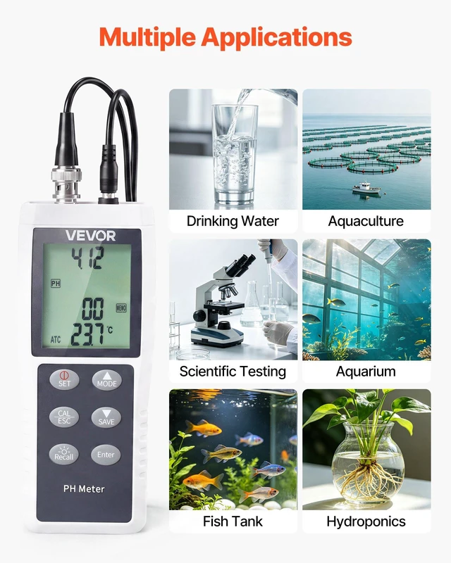 Alt view image 6 of 8 - VEVOR pH Meter, 0-14 pH Range, IP68 Waterproof Probe, 3-Point Auto Calibration, Portable Tester Kit with Calibration Powder Packets, Temperature Probe, Carrying Case, for Drinking Water, Hydroponics
