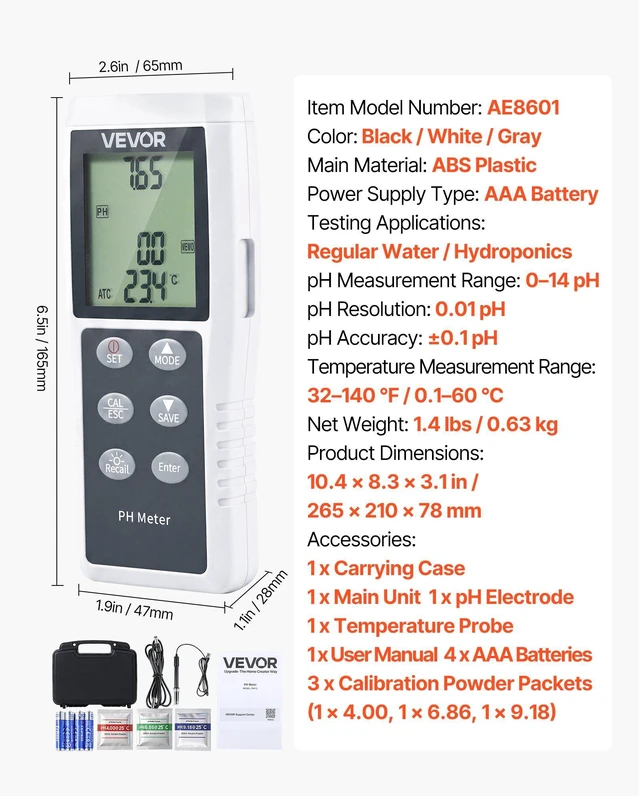 Alt view image 7 of 8 - VEVOR pH Meter, 0-14 pH Range, IP68 Waterproof Probe, 3-Point Auto Calibration, Portable Tester Kit with Calibration Powder Packets, Temperature Probe, Carrying Case, for Drinking Water, Hydroponics