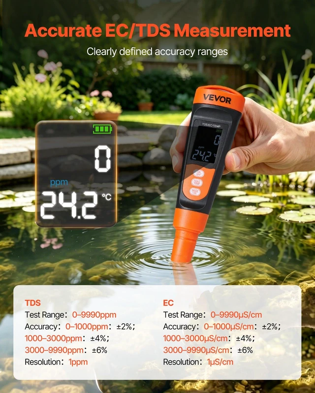 Alt view image 2 of 8 - VEVOR TDS Meter, 0-9990 ppm Measuring Range, EC (Conductivity) /TDS (ppm) Multi-Parameter Measurement, Digital Water Tester with ATC, Clear VA Display Screen, for Drinking Water Quality Testing