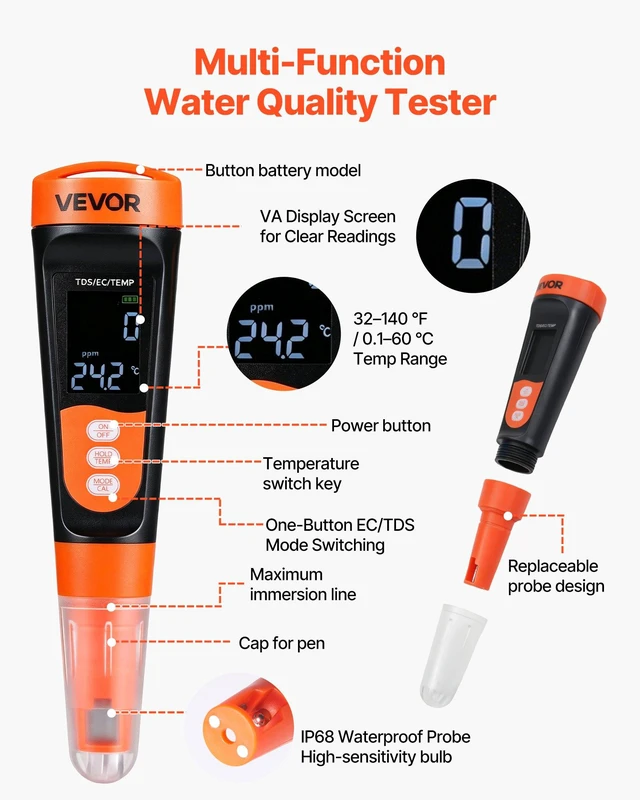 Alt view image 4 of 8 - VEVOR TDS Meter, 0-9990 ppm Measuring Range, EC (Conductivity) /TDS (ppm) Multi-Parameter Measurement, Digital Water Tester with ATC, Clear VA Display Screen, for Drinking Water Quality Testing