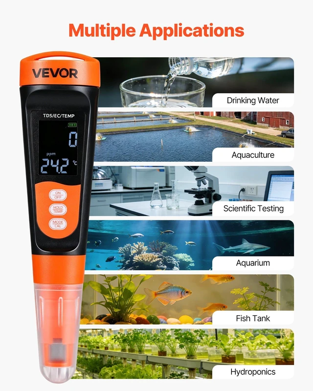 Alt view image 6 of 8 - VEVOR TDS Meter, 0-9990 ppm Measuring Range, EC (Conductivity) /TDS (ppm) Multi-Parameter Measurement, Digital Water Tester with ATC, Clear VA Display Screen, for Drinking Water Quality Testing