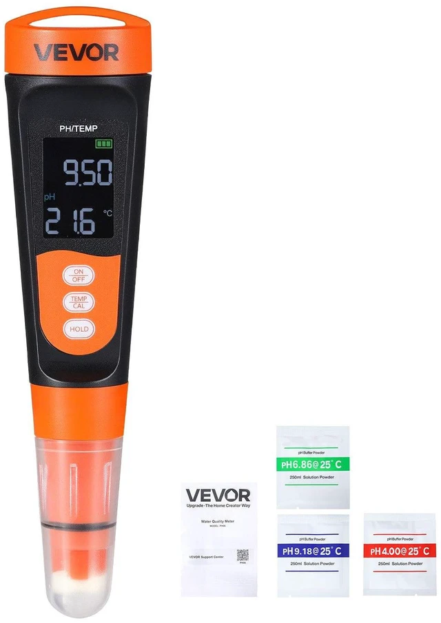 Main image of VEVOR pH Meter, 0-14 pH Range, IP68 Waterproof Probe, Pocket Tester Kit with Calibration Powder Packets, VA Display Screen, for Drinking Water, Hydroponics, and Aquarium Water Quality Testing