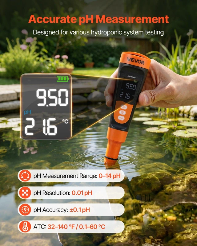 Alt view image 2 of 8 - VEVOR pH Meter, 0-14 pH Range, IP68 Waterproof Probe, Pocket Tester Kit with Calibration Powder Packets, VA Display Screen, for Drinking Water, Hydroponics, and Aquarium Water Quality Testing