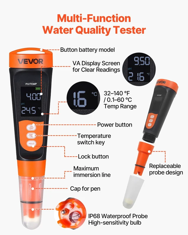 Alt view image 4 of 8 - VEVOR pH Meter, 0-14 pH Range, IP68 Waterproof Probe, Pocket Tester Kit with Calibration Powder Packets, VA Display Screen, for Drinking Water, Hydroponics, and Aquarium Water Quality Testing