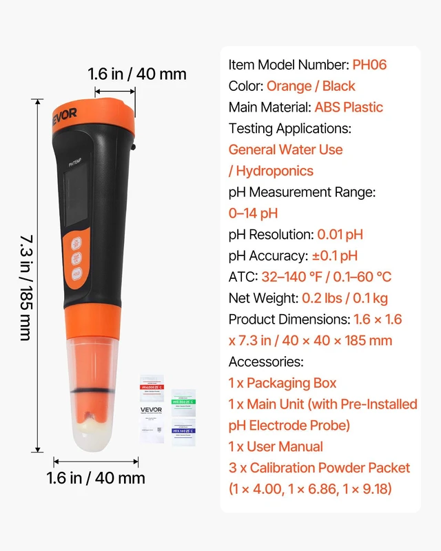 Alt view image 7 of 8 - VEVOR pH Meter, 0-14 pH Range, IP68 Waterproof Probe, Pocket Tester Kit with Calibration Powder Packets, VA Display Screen, for Drinking Water, Hydroponics, and Aquarium Water Quality Testing