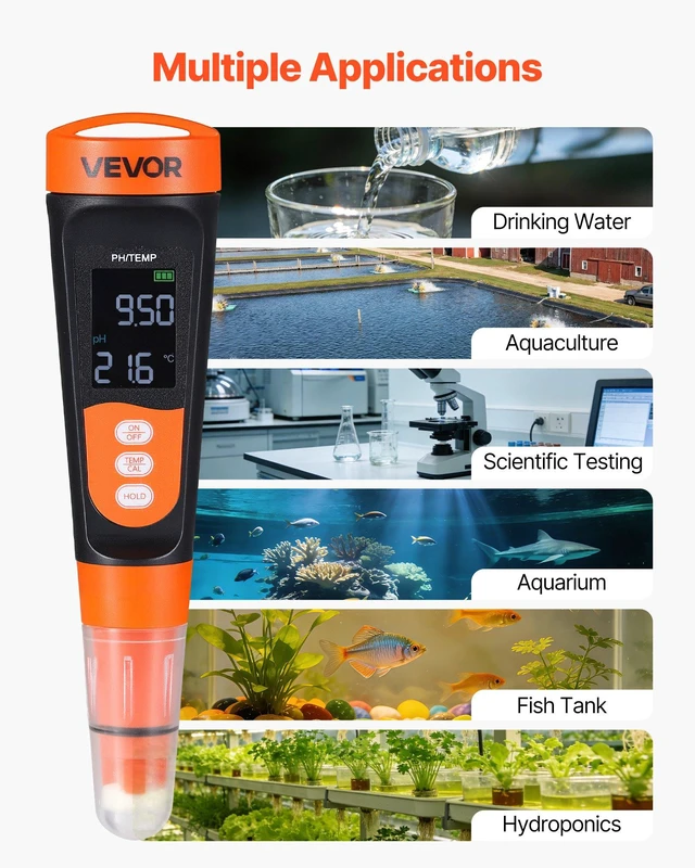 Alt view image 6 of 8 - VEVOR pH Meter, 0-14 pH Range, IP68 Waterproof Probe, Pocket Tester Kit with Calibration Powder Packets, VA Display Screen, for Drinking Water, Hydroponics, and Aquarium Water Quality Testing