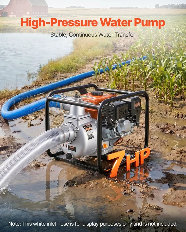 Alt view image 2 of 8 - VEVOR Gas Powered Water Pump, 3 in, 242 GPM 7HP Semi Trash Water Transfer Pump Portable, Gasoline Engine with 25 ft Discharge Hose, Heavy Duty Frame, Cast Iron Impeller, for Irrigation, Ponds, Pools