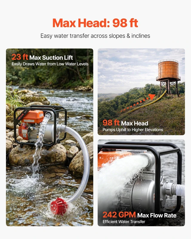 Alt view image 3 of 8 - VEVOR Gas Powered Water Pump, 3 in, 242 GPM 7HP Semi Trash Water Transfer Pump Portable, Gasoline Engine with 25 ft Discharge Hose, Heavy Duty Frame, Cast Iron Impeller, for Irrigation, Ponds, Pools