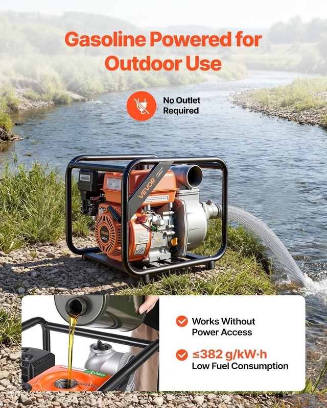 Alt view image 4 of 8 - VEVOR Gas Powered Water Pump, 3 in, 242 GPM 7HP Semi Trash Water Transfer Pump Portable, Gasoline Engine with 25 ft Discharge Hose, Heavy Duty Frame, Cast Iron Impeller, for Irrigation, Ponds, Pools