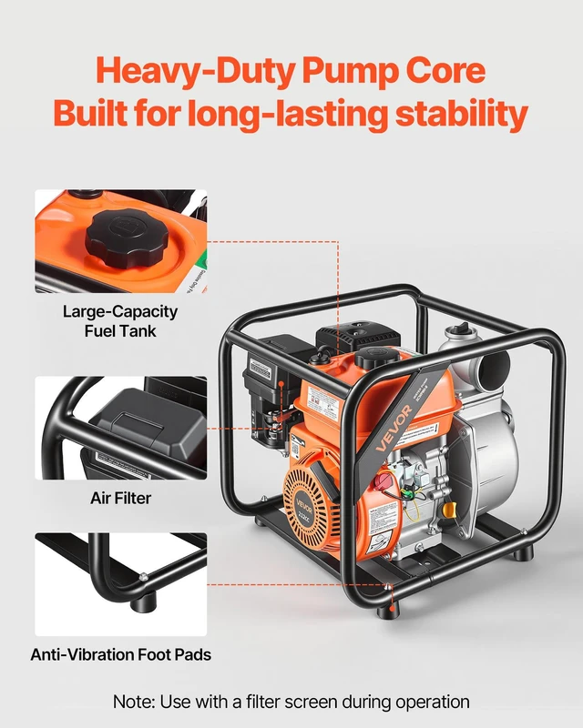 Alt view image 5 of 8 - VEVOR Gas Powered Water Pump, 3 in, 242 GPM 7HP Semi Trash Water Transfer Pump Portable, Gasoline Engine with 25 ft Discharge Hose, Heavy Duty Frame, Cast Iron Impeller, for Irrigation, Ponds, Pools