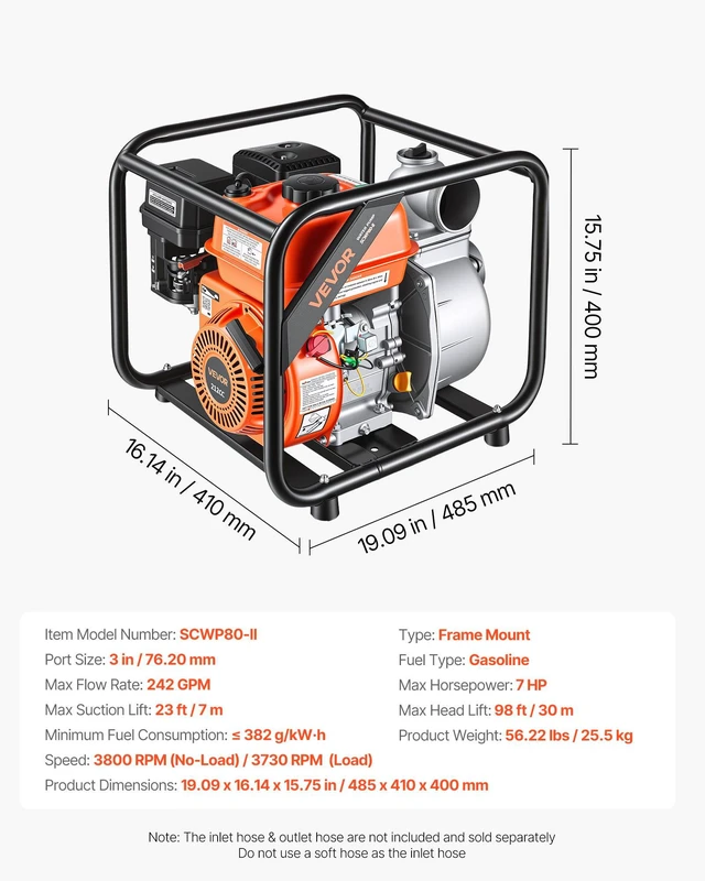 Alt view image 7 of 8 - VEVOR Gas Powered Water Pump, 3 in, 242 GPM 7HP Semi Trash Water Transfer Pump Portable, Gasoline Engine with 25 ft Discharge Hose, Heavy Duty Frame, Cast Iron Impeller, for Irrigation, Ponds, Pools