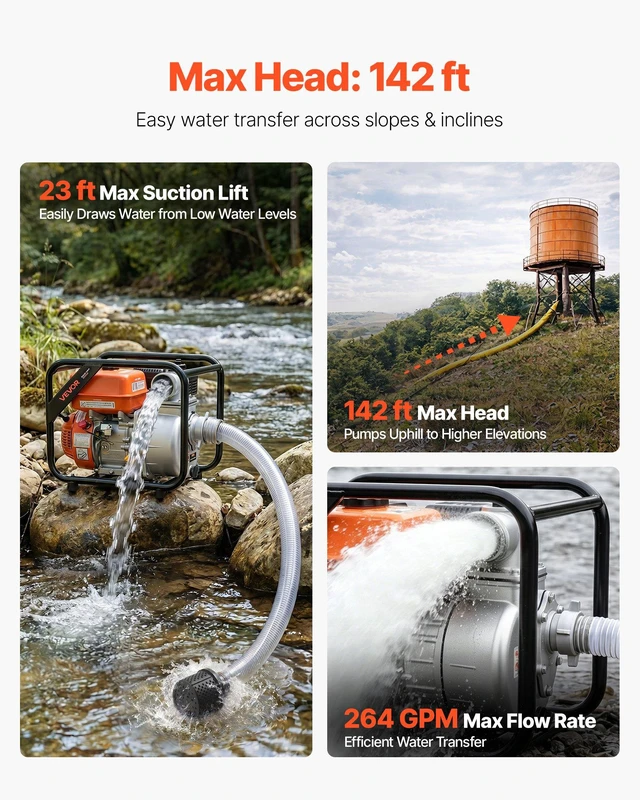 Alt view image 3 of 8 - VEVOR Gas Powered Water Pump, 3 in, 264 GPM 7HP Semi Trash Water Transfer Pump Portable, Gasoline Engine with 25 ft Discharge Hose, Heavy Duty Frame, Cast Iron Impeller, for Irrigation, Ponds, Pools