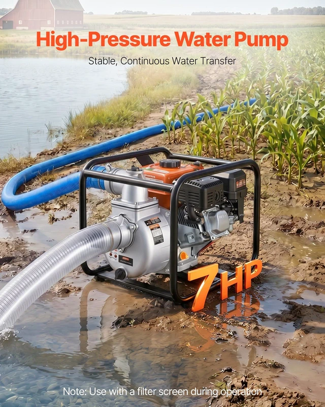 Alt view image 2 of 8 - VEVOR Gas Powered Water Pump, 3 in, 264 GPM 7HP Semi Trash Water Transfer Pump Portable, Gasoline Engine with 25 ft Discharge Hose, Heavy Duty Frame, Cast Iron Impeller, for Irrigation, Ponds, Pools