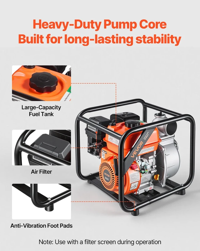 Alt view image 5 of 8 - VEVOR Gas Powered Water Pump, 3 in, 264 GPM 7HP Semi Trash Water Transfer Pump Portable, Gasoline Engine with 25 ft Discharge Hose, Heavy Duty Frame, Cast Iron Impeller, for Irrigation, Ponds, Pools