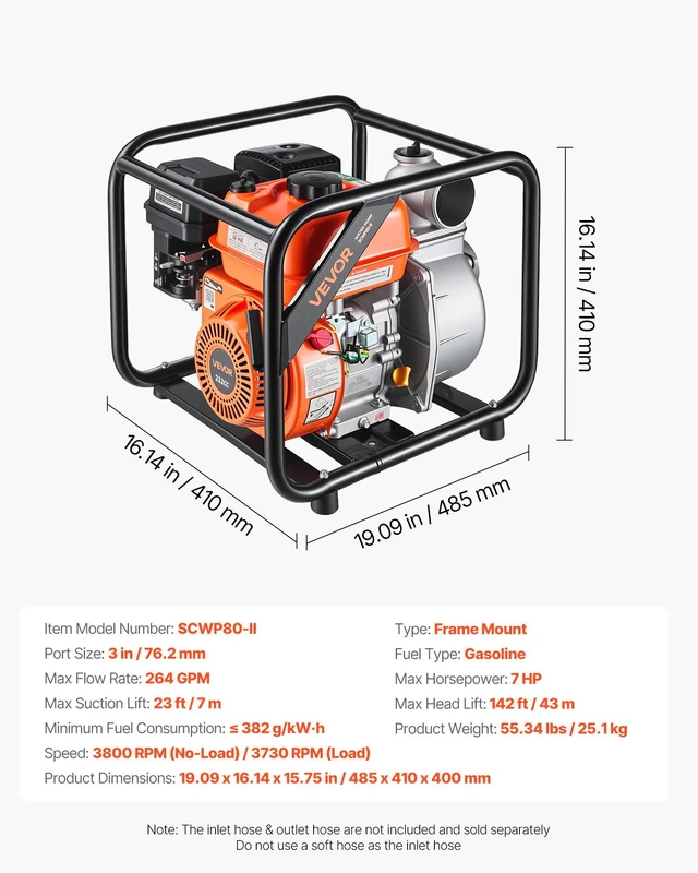 Alt view image 7 of 8 - VEVOR Gas Powered Water Pump, 3 in, 264 GPM 7HP Semi Trash Water Transfer Pump Portable, Gasoline Engine with 25 ft Discharge Hose, Heavy Duty Frame, Cast Iron Impeller, for Irrigation, Ponds, Pools