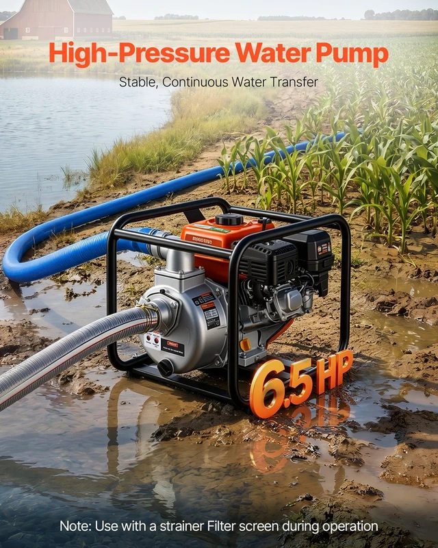 Alt view image 2 of 8 - VEVOR Gas Powered Water Pump, 2 in, 132 GPM 6.5HP Semi Trash Water Transfer Pump Portable, Gasoline Engine with 25 ft Discharge Hose, Heavy Duty Frame, Cast Iron Impeller, for Irrigation, Ponds, Pools