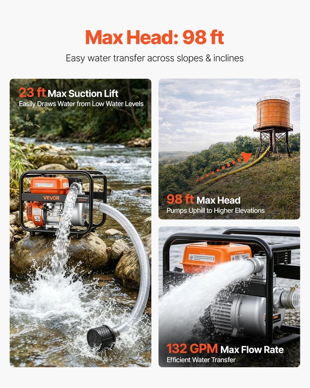 Alt view image 3 of 8 - VEVOR Gas Powered Water Pump, 2 in, 132 GPM 6.5HP Semi Trash Water Transfer Pump Portable, Gasoline Engine with 25 ft Discharge Hose, Heavy Duty Frame, Cast Iron Impeller, for Irrigation, Ponds, Pools