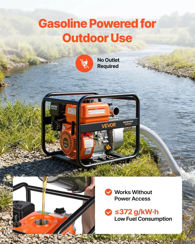 Alt view image 4 of 8 - VEVOR Gas Powered Water Pump, 2 in, 132 GPM 6.5HP Semi Trash Water Transfer Pump Portable, Gasoline Engine with 25 ft Discharge Hose, Heavy Duty Frame, Cast Iron Impeller, for Irrigation, Ponds, Pools
