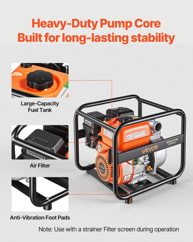 Alt view image 5 of 8 - VEVOR Gas Powered Water Pump, 2 in, 132 GPM 6.5HP Semi Trash Water Transfer Pump Portable, Gasoline Engine with 25 ft Discharge Hose, Heavy Duty Frame, Cast Iron Impeller, for Irrigation, Ponds, Pools