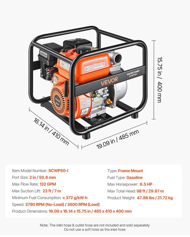 Alt view image 7 of 8 - VEVOR Gas Powered Water Pump, 2 in, 132 GPM 6.5HP Semi Trash Water Transfer Pump Portable, Gasoline Engine with 25 ft Discharge Hose, Heavy Duty Frame, Cast Iron Impeller, for Irrigation, Ponds, Pools