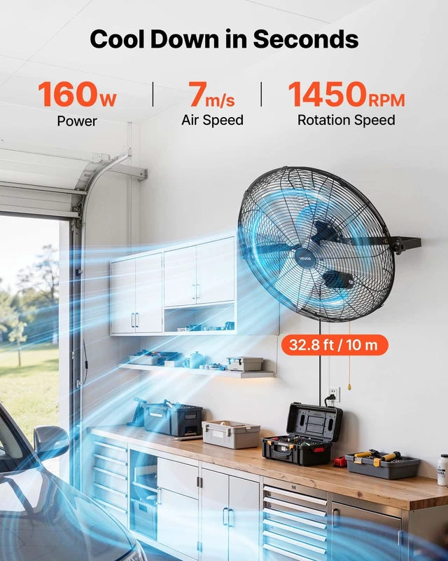 Alt view image 2 of 8 - VEVOR Wall Mount Fan, 24 in Wall Mounted Hanging Fan, 3-Speed, Long Airflow Distance, Adjustable Rotation Angle, Mechanical Control, Powerful for Industry, Commercial, Garage, Workshop, Gym, Black