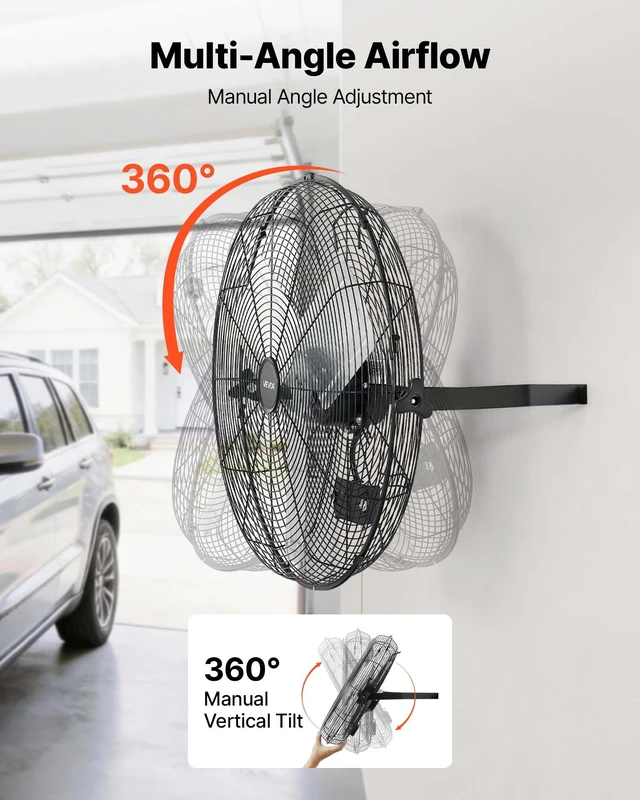 Alt view image 4 of 8 - VEVOR Wall Mount Fan, 24 in Wall Mounted Hanging Fan, 3-Speed, Long Airflow Distance, Adjustable Rotation Angle, Mechanical Control, Powerful for Industry, Commercial, Garage, Workshop, Gym, Black