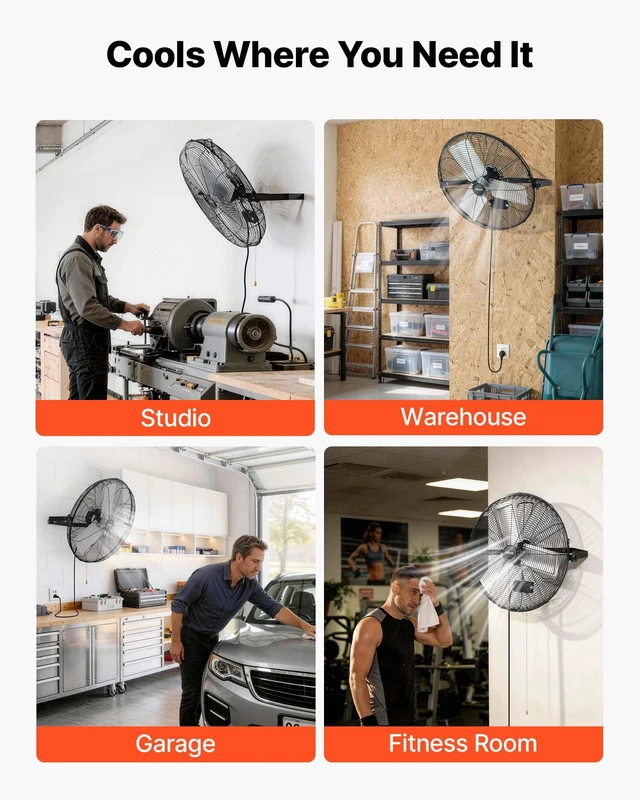 Alt view image 6 of 8 - VEVOR Wall Mount Fan, 24 in Wall Mounted Hanging Fan, 3-Speed, Long Airflow Distance, Adjustable Rotation Angle, Mechanical Control, Powerful for Industry, Commercial, Garage, Workshop, Gym, Black