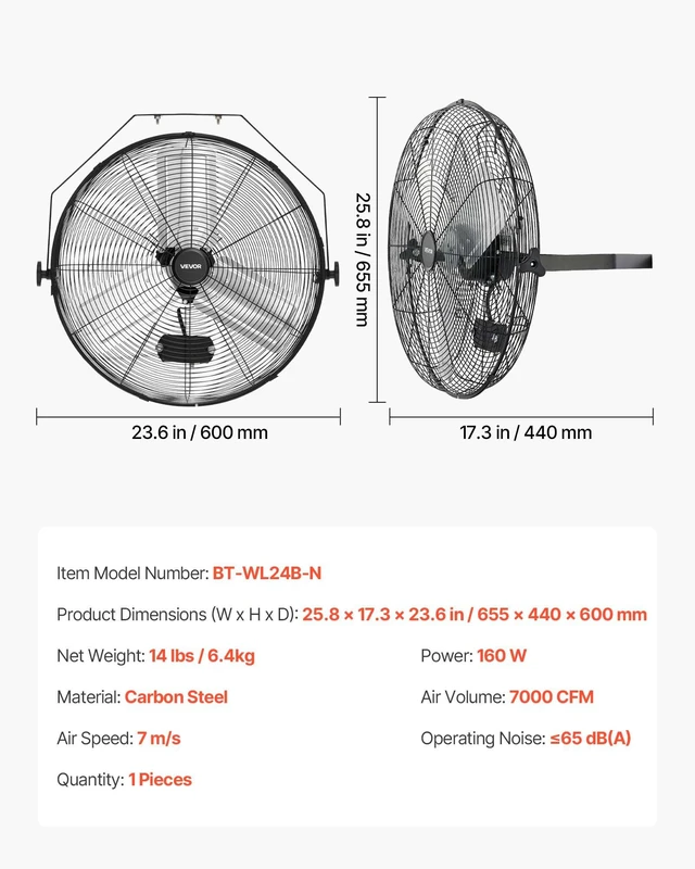 Alt view image 7 of 8 - VEVOR Wall Mount Fan, 24 in Wall Mounted Hanging Fan, 3-Speed, Long Airflow Distance, Adjustable Rotation Angle, Mechanical Control, Powerful for Industry, Commercial, Garage, Workshop, Gym, Black