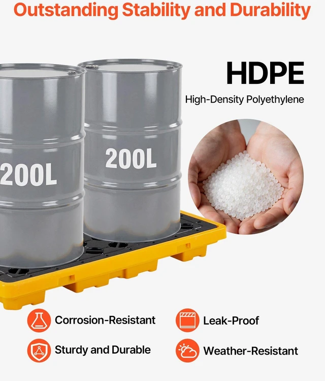 Alt view image 3 of 8 - VEVOR Spill Containment Pallet, 2 Drum Low Profile Spill Containment Modular Platform, 21 Gallon Sump, 4409 lbs Load Capacity, Heavy-Duty Polyethylene Tray with Drain, 51.8" x 26.8" x 5.9", Yellow