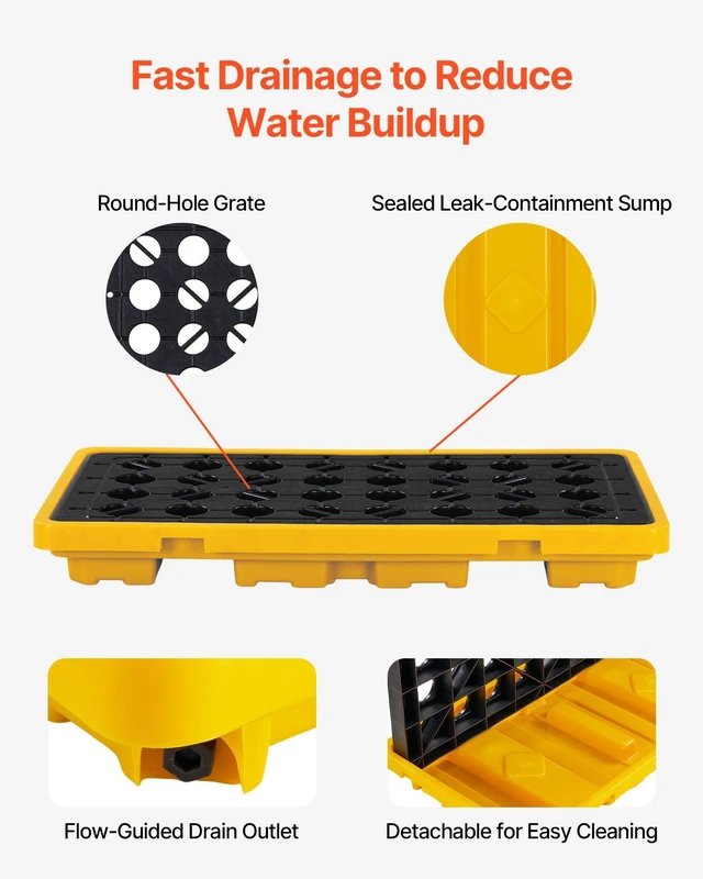 Alt view image 4 of 8 - VEVOR Spill Containment Pallet, 2 Drum Low Profile Spill Containment Modular Platform, 21 Gallon Sump, 4409 lbs Load Capacity, Heavy-Duty Polyethylene Tray with Drain, 51.8" x 26.8" x 5.9", Yellow