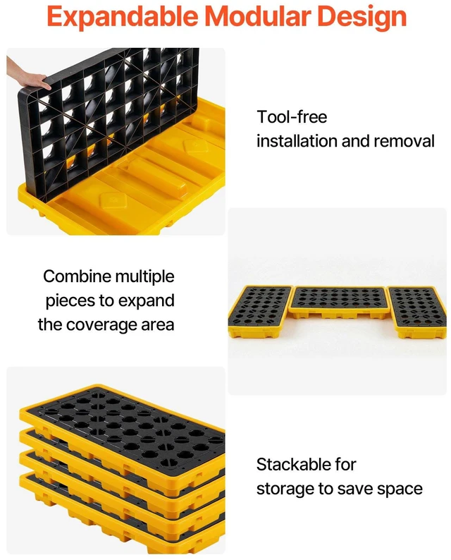 Alt view image 5 of 8 - VEVOR Spill Containment Pallet, 2 Drum Low Profile Spill Containment Modular Platform, 21 Gallon Sump, 4409 lbs Load Capacity, Heavy-Duty Polyethylene Tray with Drain, 51.8" x 26.8" x 5.9", Yellow